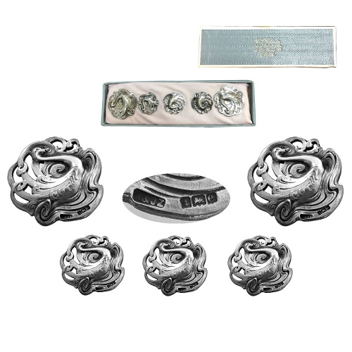 Set of 5  Silver Art Nouveau Buttons 1904