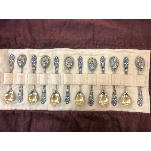 Set of 12 Russian Cloisonne Silver Tea Spoons